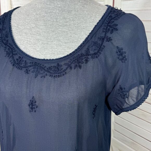Lucky Brand Embroidered Sheer Chiffon Tee Shirt Navy Blue XS - Picture 5 of 11